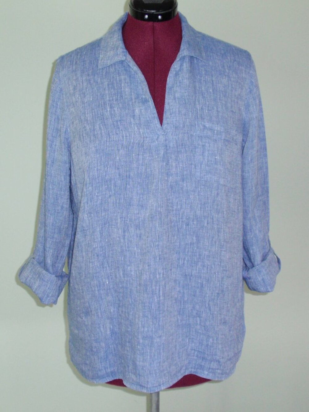 J. Jill Top Womens Large Blue 100% Linen Love Linen V-Neck Tunic Long Sleeve M